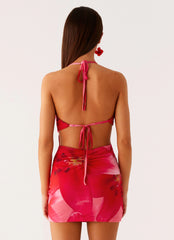 Juicy Fruit Halter Mini Dress - Peach Watermelon Flower