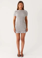 Millicent Ruched Mini Dress - Grey Check