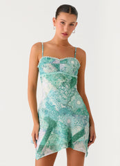 Marine Mist Asymmetric Hem Mini Dress - Green Paisley