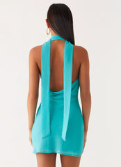 Melisande Scarf Neck Mini Dress - Aqua Blue