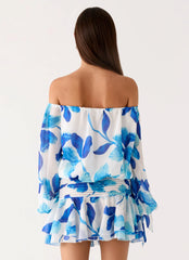 Eira Balloon Sleeve Mini Dress - Cerulean Bloom