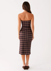Niko Strapless Midi Dress - Brown Black Check