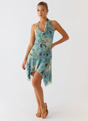 Bad Alive Halter Hanky Mini Dress - Aqua Blur