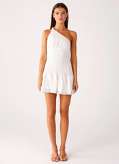 Hestia Drop Waist Shirring Mini Dress - White