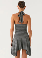 Bad Alive Halter Hanky Mini Dress - Grey Marle Stripe