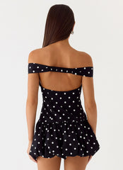 Endless Romance Off Shoulder Mini Dress - Black Polkadot