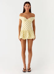 Endless Romance Off Shoulder Mini Dress - Yellow Polkadot