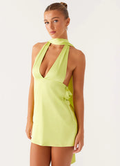Alicia Satin Halter Mini Dress - Sunny Lime