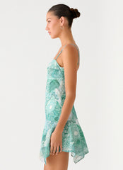 Marine Mist Asymmetric Hem Mini Dress - Green Paisley