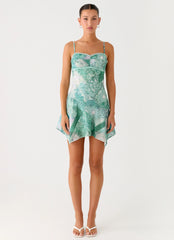 Marine Mist Asymmetric Hem Mini Dress - Green Paisley