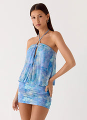 Jisoo Halter Mini Dress - Aqua Paisley