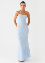 Sassafras Beaded Flower Strapless Maxi Dress - Blue