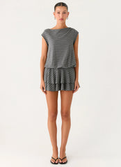Bambola Wide Neck Mini Dress - Grey Marle Stripe