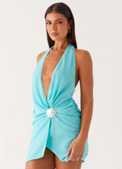 Eleanora Plunge Mini Dress - Turquoise