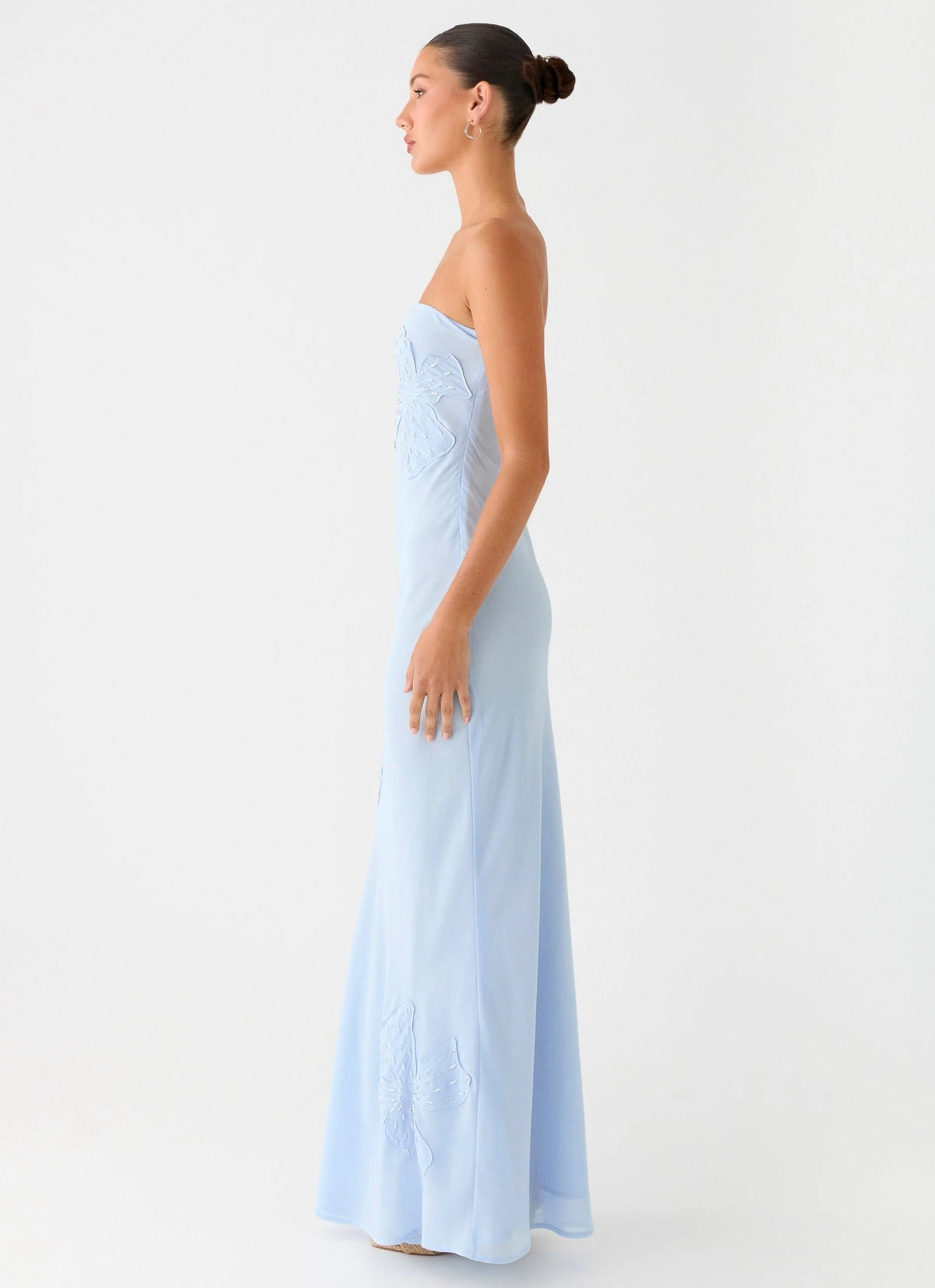 Sassafras Beaded Flower Strapless Maxi Dress - Blue