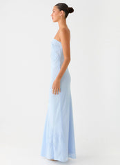 Sassafras Beaded Flower Strapless Maxi Dress - Blue