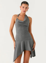 Bad Alive Halter Hanky Mini Dress - Grey Marle Stripe