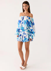 Eira Balloon Sleeve Mini Dress - Cerulean Bloom